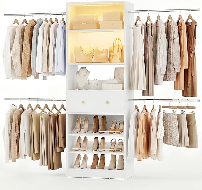 Armocity Wood Closet Organizer System with Sensing Light - 4FT-9FT Expandable Wardrobe Closet with Drawer & 4 Hanging Rods, Heavy Duty Walk-in Closet 1000Lbs for Bedroom Walk-in Closet, White