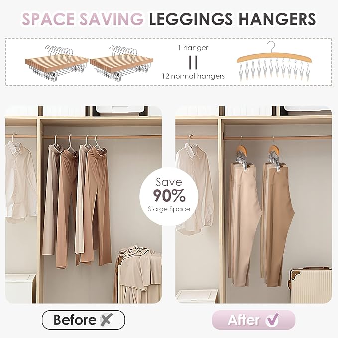 MEILIDY Wooden Leggings Hangers, Scarf Hangers for Closet, Burlywood, 2 Pcs | 24 Clips, 360° Swivel Hook, Hanging Storage Organizer for Scarves, Pants, Hats, Skirts, Bras, Camisoles, Tank tops, Gloves
