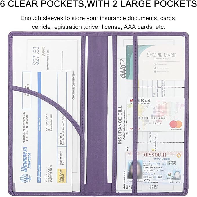 LumiMokki Premium Car Registration & Insurance Card Holder with Magnetic Shut, Vehicle Glove Box Car Organizer - For Documents, Cards, License (Purple)