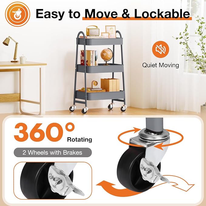 NEWBULIG 3-Tier Metal Rolling Cart with Lockable Wheels, Heavy Duty Mobile Utility Storage Shelf, Roller Book Snack Cart, Organization for Livingroom, Bathroom, Office, Grey