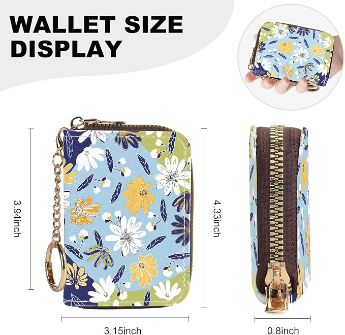 Credit Card Holder for Women,Small Rfid Wallet with Keychain Zipper,Cute PU Leather Card Case Wallet，Accordion Credit Card Wallets Gift,Yellowish-white floral print