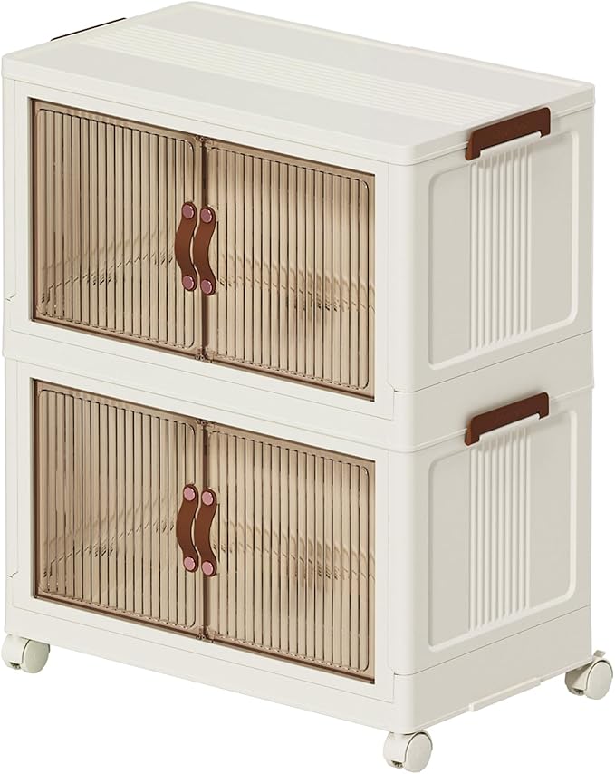 Stackable Storage Bins with Lids, 81QT/20Gal Collapsible Organizer Storage Foldable Plastic Cabinet with wheels, 2/3/4/5-Pack Space Saving Bins for Home Garage Pantry Organization S White 2T