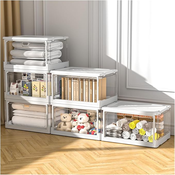 Clear Storage Bins with Lids 3 Packs - 24Qt Stackable Storage Bins, Acrylic Organizers, Plastic Multifunctional Folding Storage Bins, Plastic Stackable Storage Box for Bedroom, Living Room