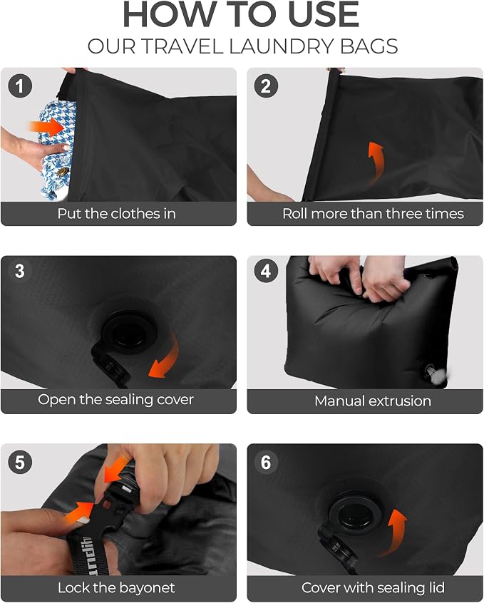 Travel Laundry Bag, Pump-Free Vacuum Compression Dirty Clothes Bag, Reusable Waterproof & Washable Laundry Bag, Wet and Dry Bag, Ideal for Suitcases, Road Trip Essentials (2 Pcs, L+L) Black