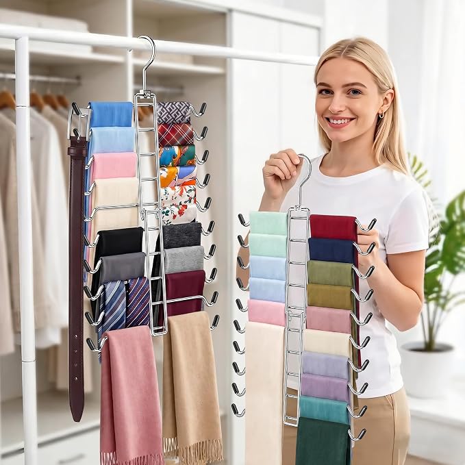 10 Tiers Scarf Organizer for Closet, 360° Swivel Scarf Hanger Hijab Holder Organizer Holds 30 Scarves Ties, Space Saving Hanger Closet Organizers and Storage for Shawl Belt Bra Tie Legging, Silver