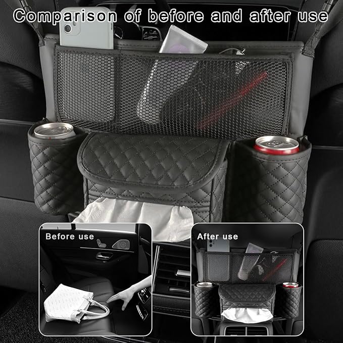 DXNQ Car Purse Holder Between Seats, Luxury Leather Front Seat Back Handbag Organizer with Tissue Box Cup Holders, Auto Large Capacity Multi Pocket Purse Holder Hanging Storage Bag (Black)