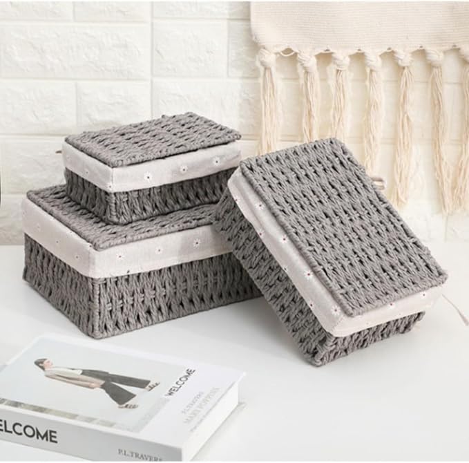 1PC Woven Storage Basket with Lid for Closet Shelf-Grey Small | Bathroom, Closet & Shelf Storage Basket, Sewing & Towel Basket, Blanket & Toy Storage, Woven Basket with Liner