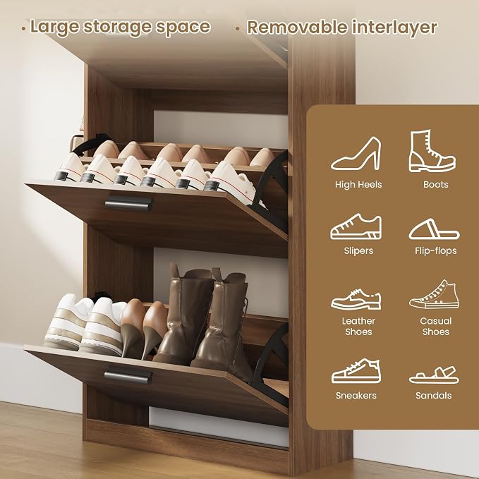 Shoe Cabinet Organizer with 3 Flip Drawers, Freestanding Shoe Storage Cabinet, Adjustable and Removable Dividers, 23.6"W x 8.7"D x 47.2"H Narrow Shoe Rack for Entryway, Foyer, Hallway, Walnut