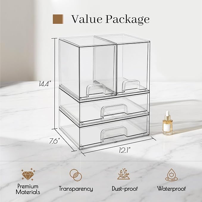 TIPGO Clear Stackable Storage Drawers, Baby Bottle Organizer, Easily-Access Makeup Organizer, Durable Containers for Bathroom Countertop, Cabinet, Pantry and Medicine Organization