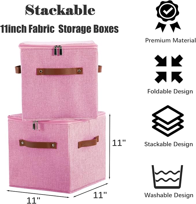 11inch Storage Boxes Cubes with Zipper Lid Collapsible Fabric Lidded Storage Bins Baskets PU Leather Handle Cotton Linen Decorative Shelf Closet Organizer Container (Pink, 3PCS)
