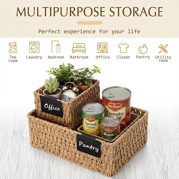 Marsui 6 Pcs Wicker Storage Baskets for Pantry Organization with Labels Handwoven Paper Rope Multi-size Natural Wicker Storage Bins for Organizing Small Baskets Container for Shelves Closet Toilet