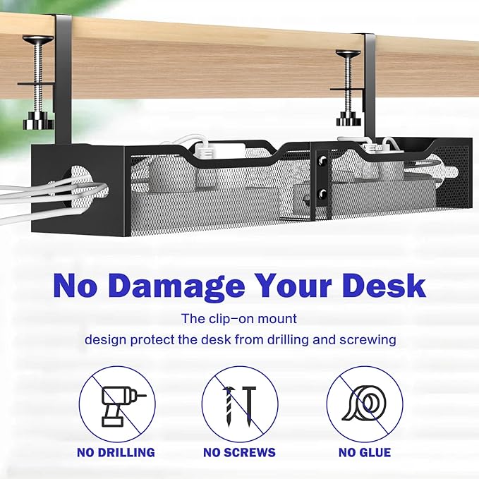 Under Desk Cable Management Tray 25.12", Extra Large Cable Management No Drill, Extended Cord Organizer with Adjustable Clamps, Black