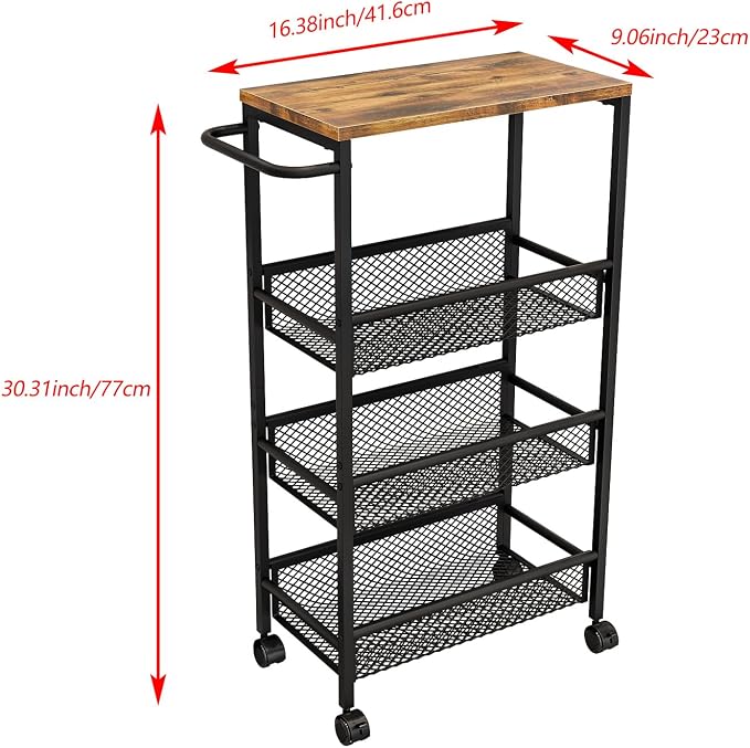 AZERPIAN Slim Rolling Cart 4 Tier Narrow Storage Cart on Wheels with Metal Handle for Kitchen Dining Living Home Laundry Room