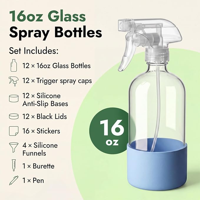 GIRAVO Glass Spray Bottles for Cleaning, 12 Pack 16 oz Refillable | Glass Mister Bottles, Silicone Sleeves, Adjustable Nozzles, Labels & Funnel Included, For Home, Plants, Hair