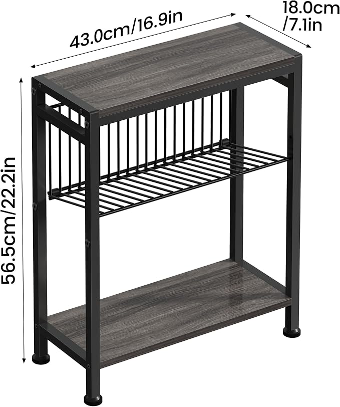 Side Table for Small Spaces, Set of 2 Narrow End Table with Magazine Holder, 2 in 1 Design Slim Side Table, Skinny Nightstand for Living Room Bedroom, Thin Side Magazine Table, Grey