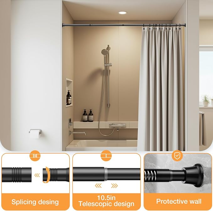 Tension Curtain Rod 30-76Inch Black Tension Rod for Windows Shower Curtain Rods No Drilling Spring Adjustable Curtain Rods for Windows,Doorway,Bathroom,Closet,7/8" Diameter