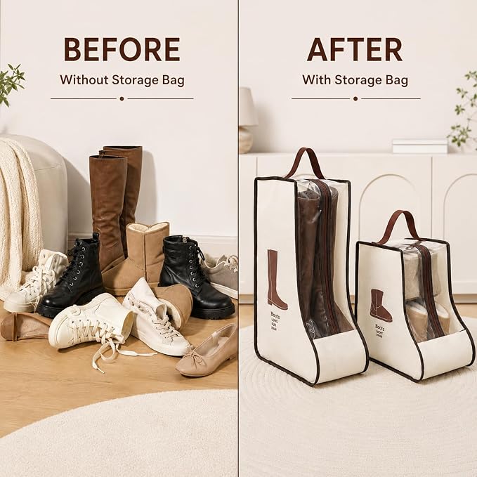 Boot Storage Bag Organizer,Dustproof Boot Bags for Cowboy Boots,Portable Travel Shoe Protector Bags,Tall Boot Covers Storage Organizer for Packing (2 Short + 2 Long Beige Widened)