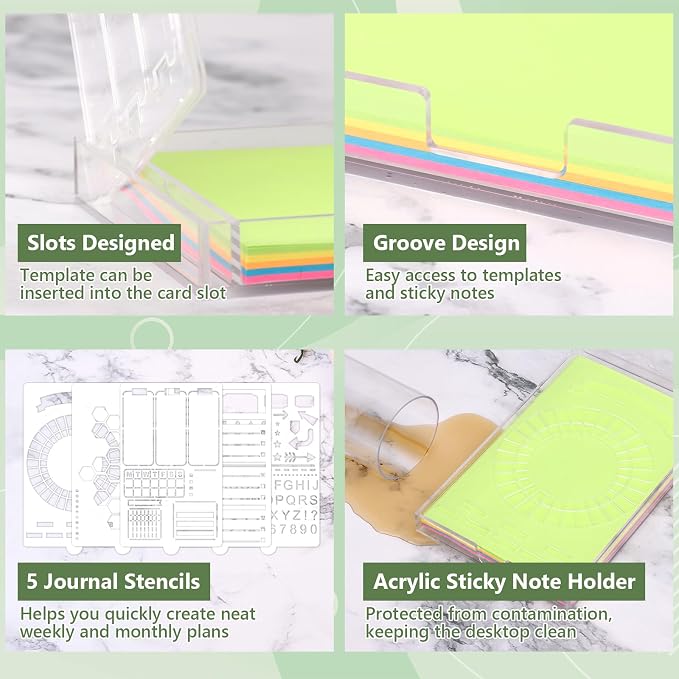 5" x 8" Sticky Notes Stencil and Holder Set with 5 Planner Stencils for A5 Journal Acrylic Post It Note Holder Organizer A5 Planner Stencil Record Templates Organizer for Desk School Office