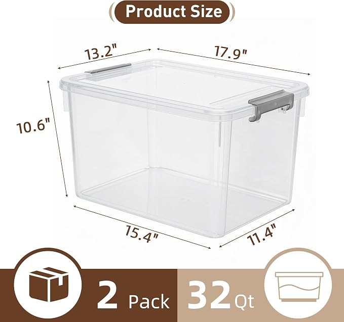 Citylife 32 QT Plastic Storage Bins with Latching Lids Stackable Storage Containers for Organizing Large Clear Storage Box for Garage, Closet, Classroom, Kitchen, 2 Packs