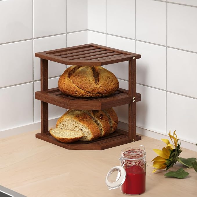 VERTORGAN Bamboo Corner Shelf,2 Tier Plate Organizer for Cabinet and Countertop,Pantry Dish and Spice Rack for Kitchen（Brown）