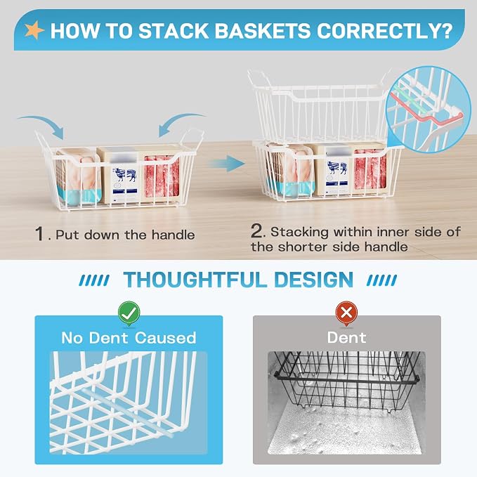 SUNALLY Freezer Organizer Bins, 4 Pack Chest Freezer Organizer Stackable for 5-7 Cu.FT Deep Freezer Sort Frozen Meats and Food, Freezer Storage Baskets with Handles Easy Reach from Bottom, White