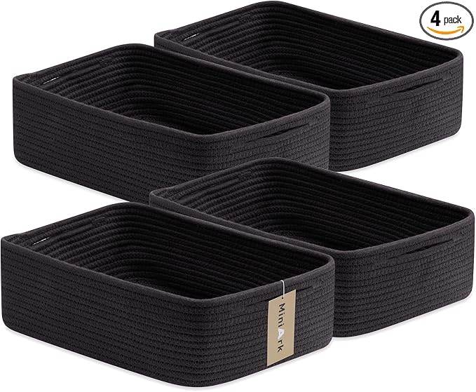 MiniArk Large Shallow Organizing Baskets 15x11x5.1 Inches - Rope Woven Storage Bins for Bathroom, Shelves, Cube Closet, Black 4 Packs
