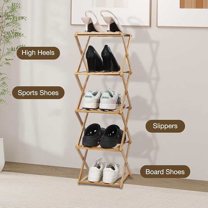 Bamboo Shoe Rack 5 Tier Foldable Shoe Rack for Entryway | Narrow Vertical Shoe Organizer Free Standing Shelf, Multifunctional Slim Storage for Bedrooms Living Room Corner, Wood Color