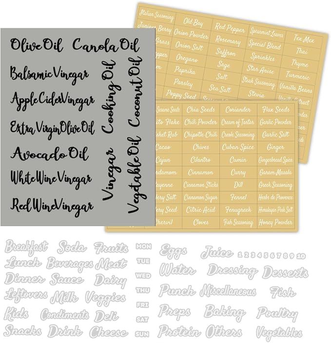 Mintitude Clear Spice Jar Labels, Fridge Labels for Food Storage Containers, Preprinted Script Clear Oil & Vinegar Stickers for Fridge, Freezer and Pantry Water & Oil Resistant (Kitchen Combo)