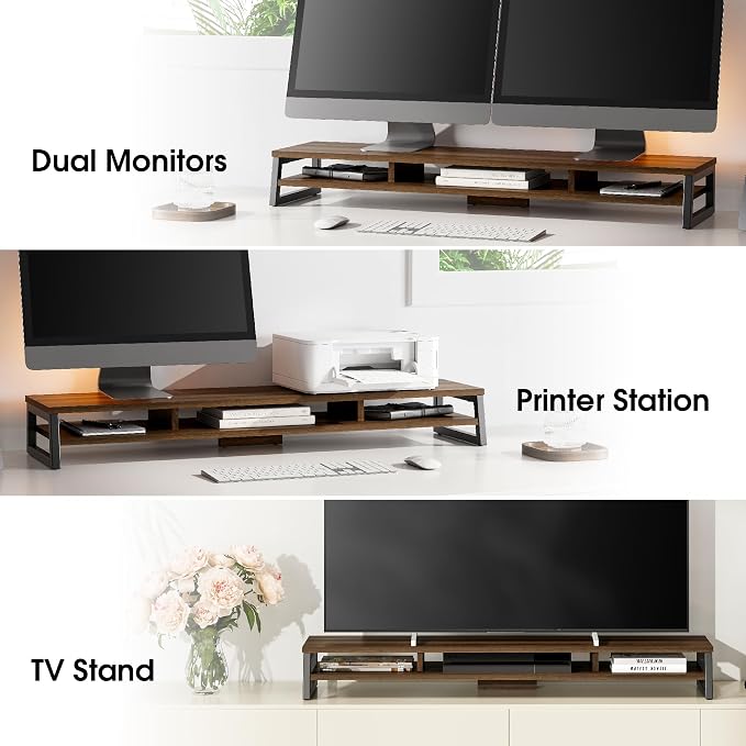 Fenge Dual Monitor Riser for Desk, Open Shelf with 3 Storage Compartments | 42.5in Computer Monitor Stand, 2-Tier Desk Shelf for Top of Desk,One-Piece Panel, fit Ultrawide Monitor, PC, Laptop, Brown