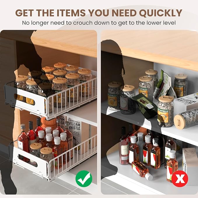 Pull Out Cabinet Organizer, 2 Pack Heavy Duty Slide Out Drawers Pantry Shelves Fixed With Strong Adhesive Glue and Handle for Kitchen, Living Room, Bathroom, Home (14.8" D X 9.6" W X 3.9" H)