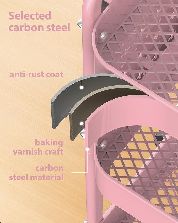 ALVOROG 3 Tier Metal Rolling Utility Cart with Pegboards,Baskets,Hooks,Pink | More Storage Craft Cart with Pegboards,Lockable Wheels,Hooks & Baskets to Organize Kitchen,Office,Bedroom and DIY Supplies