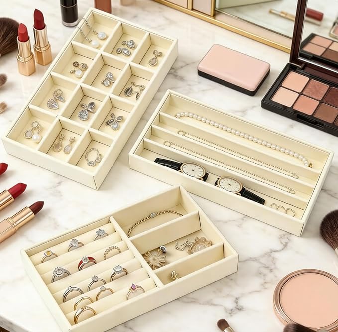 Jewelry Storage Organizer, Stackable Drawer Trays with Removable Dividers, Velvet Jewelry Display Case for Earrings Rings Necklaces Bracelets（3Pack）