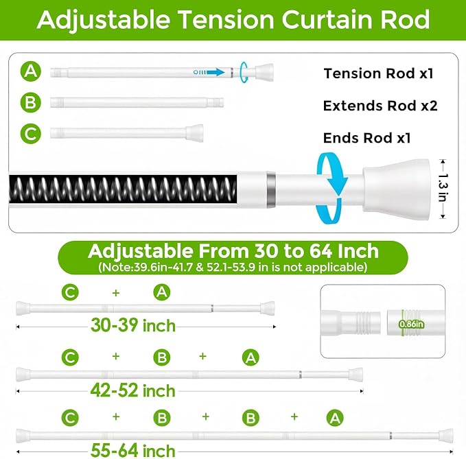 Spring Tension Rod 33-56 Inches No Drilling Adjustable White Spring Loaded Curtain Rod Expandable Extra Long Tension Curtain Rod for Windows,Kitchen,Doorway
