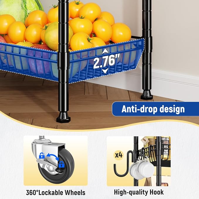 DurayLoly 7-Tier Basket Shelf Wire Shelving Unit with Wheels, Adjustable Storage Shelves with Hooks, 72" H x 24" W x 14" D Pantry Shelves for Kitchen, Bathroom, Closet & Small Spaces, Black