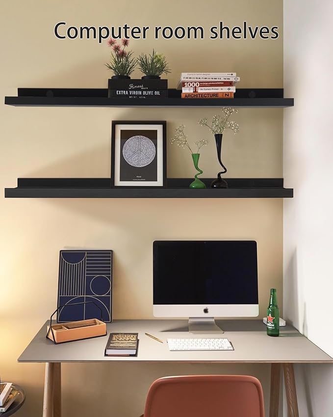 48 Inch Long Floating Shelves for Wall, Black Picture Ledge Shelf Wall Mounted Bathroom Long Ledge Set of 2, Floating Photo Shelf with Grooves for Books Bedroom Living Room Kitchen Spice Rack