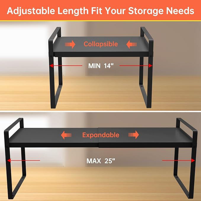 Adjustable Cabinet Shelves 9", Expandable 14~25" Metal Shelving for Pantry & Kitchen Organization, (2 Pack) Heavy-Duty Shelf Organizer, Fits Microwave, Spices, Countertop Storage