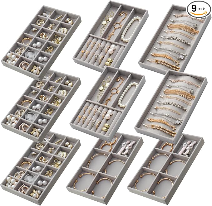 SPAKOWN Jewelry Trays Organizer for Drawer, 9 Set of Small Jewelry Display Case Storage Velvet Stackable Drawer Inserts Organizer for Necklaces Bracelets Earrings Rings (Grey)
