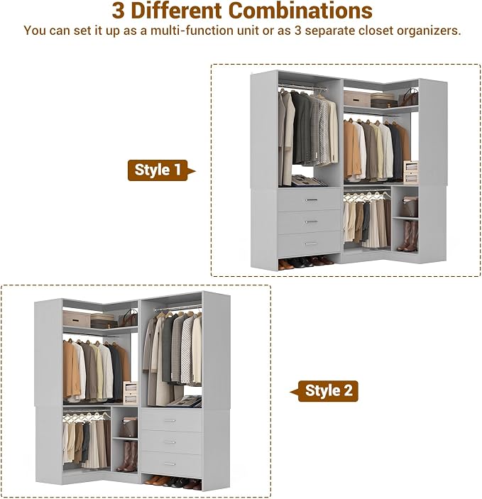 Aheaplus Closet System with 3 Drawers, 2 Hanging Rods & Corner Tower, Corner Closet System with Hanging, L-Shaped Walk-In Wardrobe Organizer, 1300+ lbs Capacity, Set of 2, Grey
