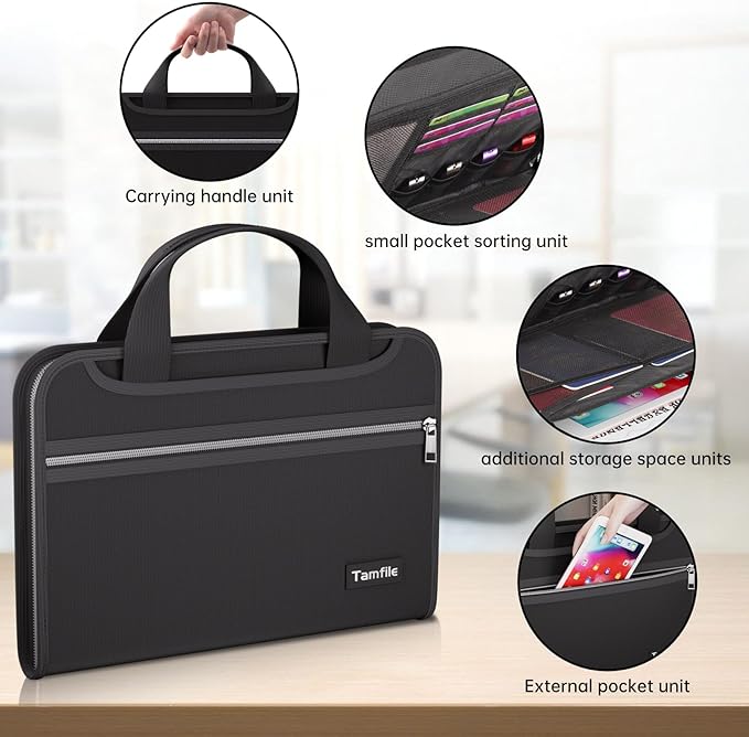Tamfile Fireproof Accordion File Organizer with Handle, 13 Pocket Transparent Expanding File Folder with Zipper & Labels, File Folder with Multi-Pockets Paper Organizer Folder for Letter A4 Files