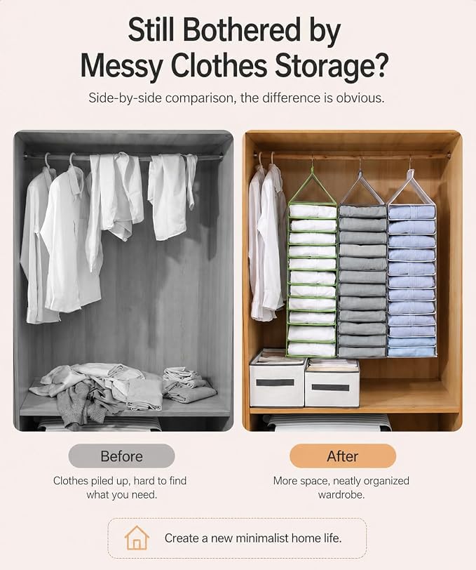 Hanging Closet Organizer, 6-Shelf Foldable Wardrobe Storage for Clothes, Space Saving Hanging Organizer with Reinforced Hook for Sweaters, Pants & Shirts (Large Grey)