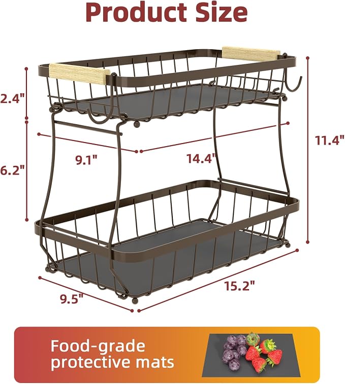 Sevenblue 2-Tier Fruit Basket with Banana Hangers, Detachable Metal Bowl | Wooden handle, protective mats included. Versatile holder for bread, snacks, and veggies. Extra Large 2 tier metal design.