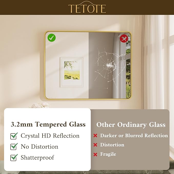 TETOTE 60 x 36 Inch Mirrors for Bathroom, Brushed Brass Gold Vanity Mirror, Large Rectangular Metal Frame Modern Wall Mirror for Living Room Shatterproof (Horizontal/Vertical)