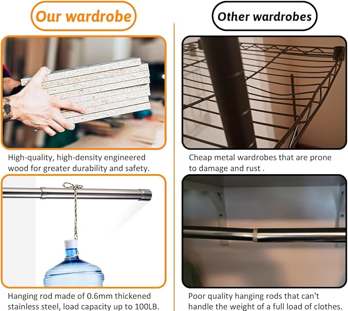 Closet System with 6 Hanging Rods& Shelves , 4FT Small Closet Organizer System Storage Wood with Extra Side Hanging Rod for Walk in Closet, Adjustable Modular Closet Systems Customize, White(4FT)