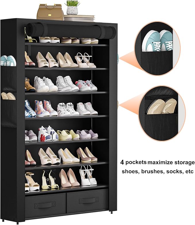 OYREL Shoe Rack Storage Cabinet with Dustproof Cover Two Boxes | 32 Pairs Tall Shoe Organizer Shelf for Closet Large Free Standing Shoe Rack Vertical Shoe Holder Stand