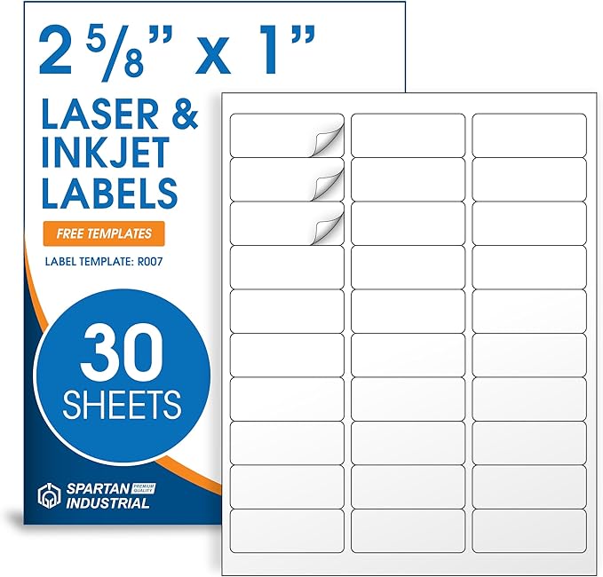 1" X 2 5/8" Matte White Printable Address Labels (30 Sheets, 900 Stickers) Mailing and Return Address Labels for Laser & Inkjet Printers - Spartan Industrial Template R007