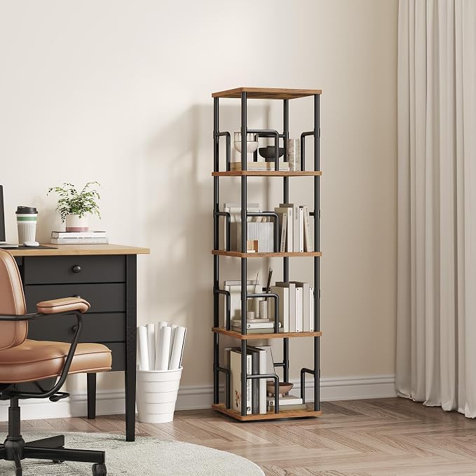 MAHANCRIS 4-Tier Rotating Bookshelf, Freestanding Corner Bookshelf, 360° Spinning Bookcase, Industrial Style Storage Rack with Rails, for Living Room, Bedroom, Study, Rustic Brown and Black BKHR1501