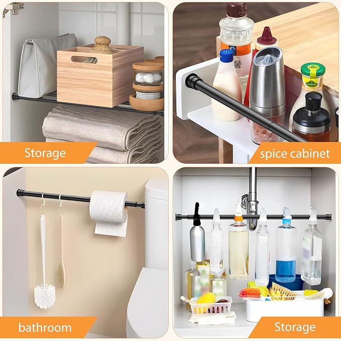 Tension Curtain Rod 17 to 28 Inch Adjustable Tension Rods 6 Pack Expandable Spring Tension Rod Black No Drilling for Closet Kitchen Cupboard Wardrobe Door Bookshelf DIY Projects