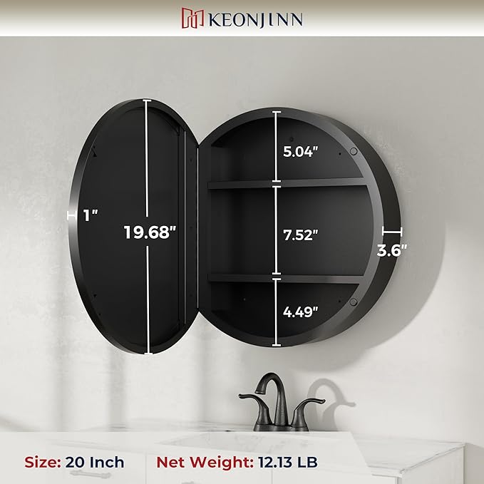 Keonjinn 20 Inch Round Medicine Cabinet with Mirror, Black Medicine Cabinet with Mirrors, Circular Surface Mount Medicine Cabinets, Framed Farmhouse Bathroom Cabinet with Adjustable Shelves