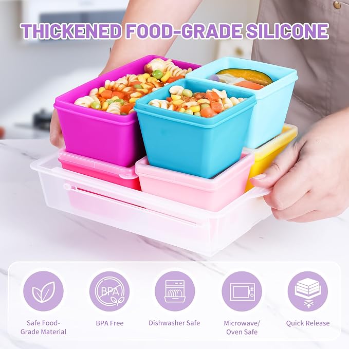 Gemice Silicone Freezer Molds with Lids, 6-Pack 1-Cup & 2-Cup | Oven & Dishwasher Safe, BPA-Free Soup Portion Cubes Trays, Freezer Containers for Food Storage