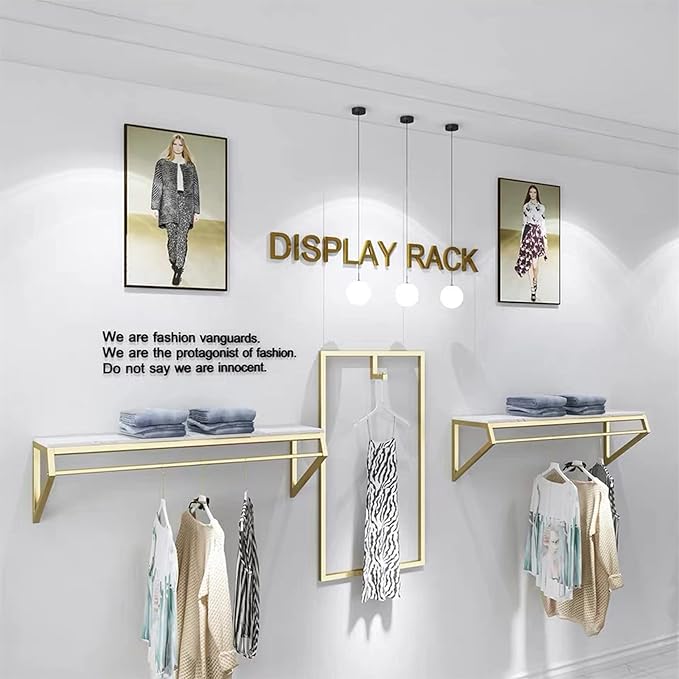 Modern Simple Men's and Women's Clothing Store Heavy Duty Metal Display Shelf,Wall-Mounted Garment Rack with Wood,Clothes Rail,Bathroom Hanging Towel Rack (Gold Square Tube, B-47.2" L)